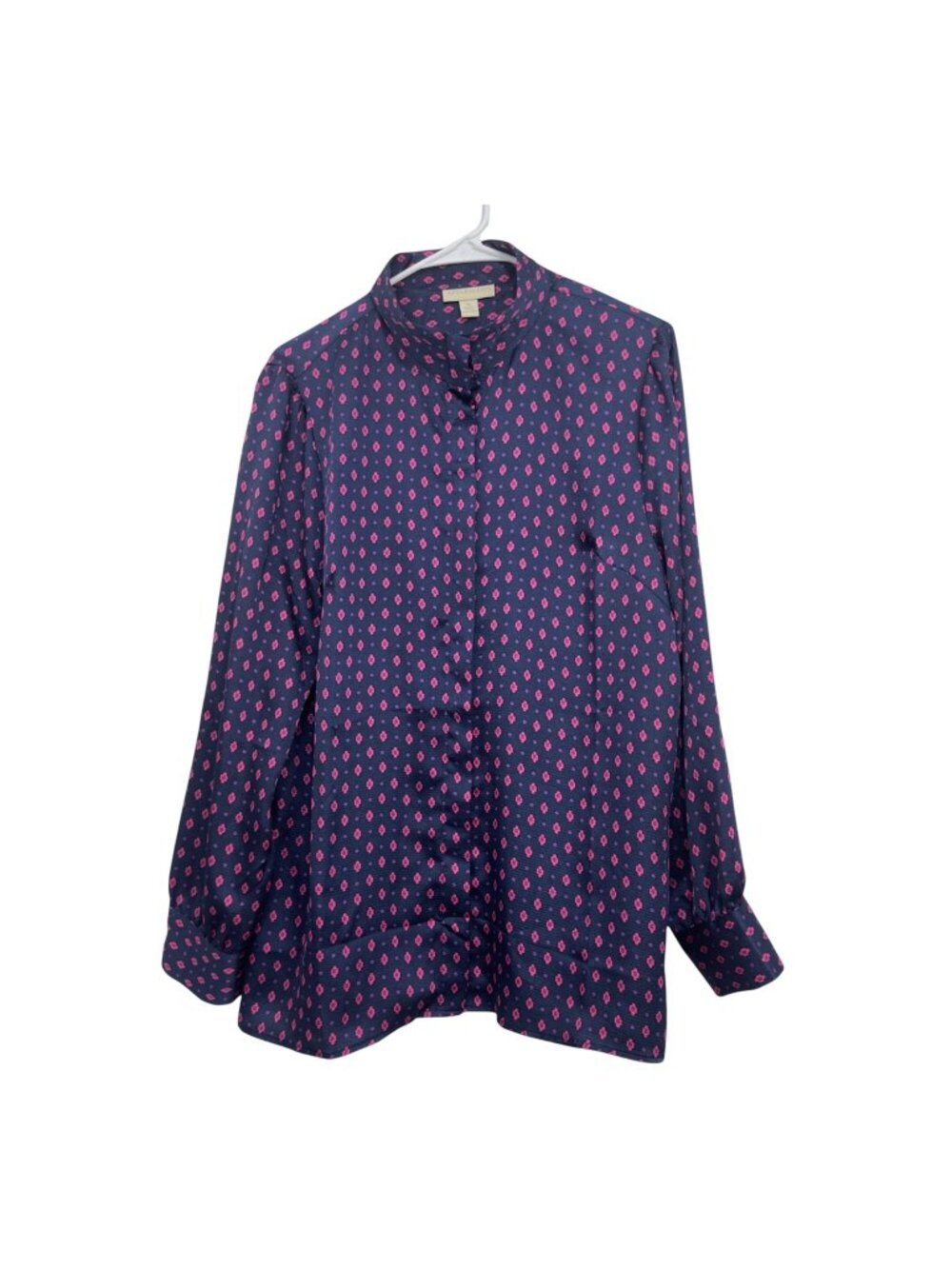 Appleseeds Womens Satin Navy & Pink Patterned Button-Down Blouse SZ 16 High Neck